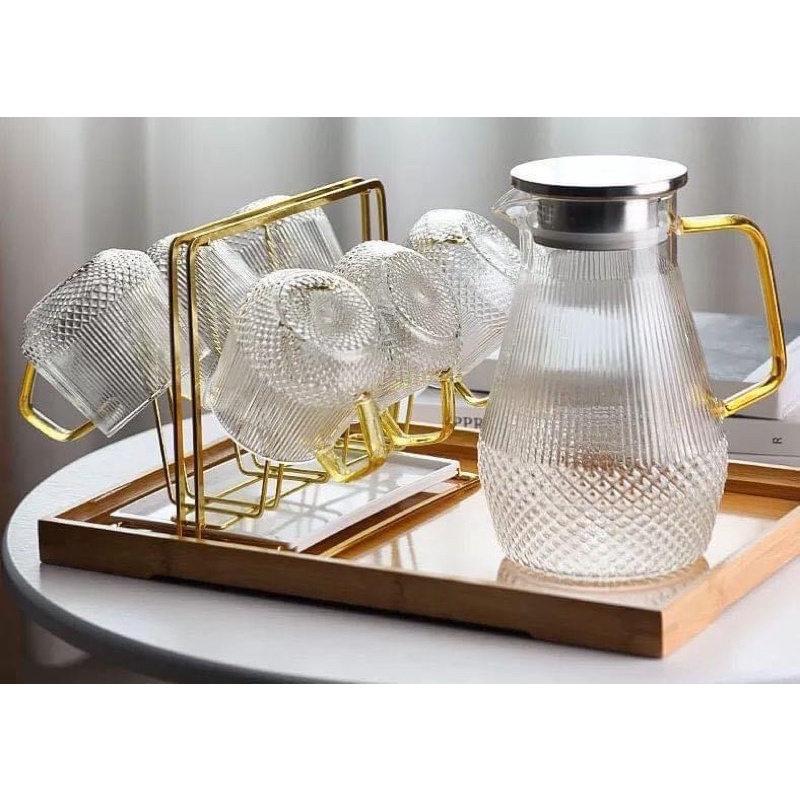 Bộ Bình Vân Sọc Kim Cương 1.5L, Bình nước Thuỷ tinh chịu nhiệt cao cấp bốilicate , phụ kiện Khay gỗ và giá úp thẳng