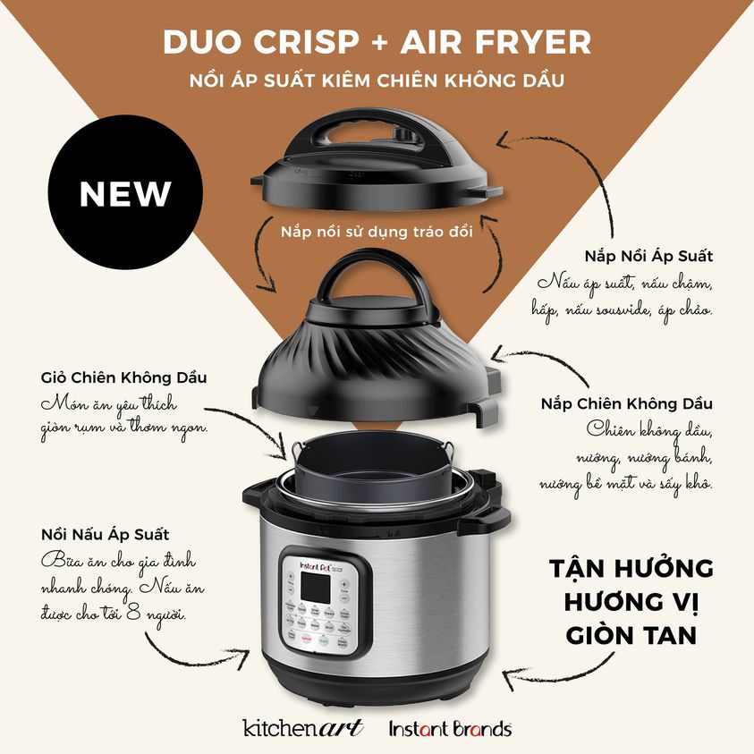 [Mã ELHADEV giảm 4% đơn 300K] NỒI ÁP SUẤT KIÊM CHIÊN KHÔNG DẦU INSTANT POT 11IN1 DUO CRISP 7.5L