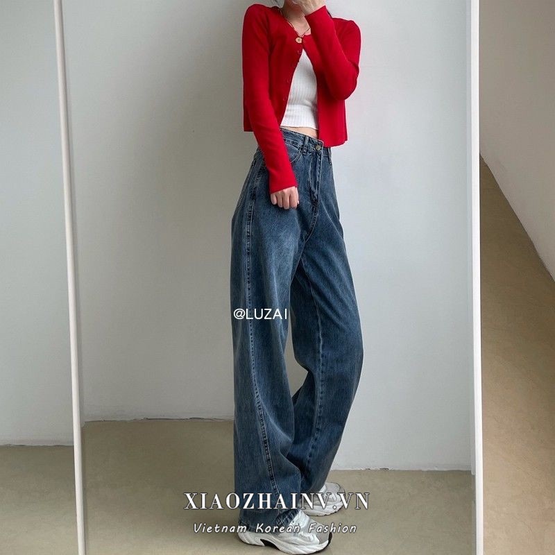 Xiaozhainv Quần jeans Nữ Lưng Cao Ống Rộng Phong Cách vintage Hàn Quốc