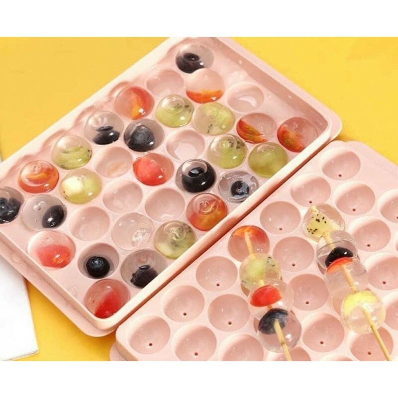 PVN30331 Khuôn thạch bi nhựa tròn làm hoa quả trái cây/ khuôn rau câu, khay đá viên tròn 33 ô viên