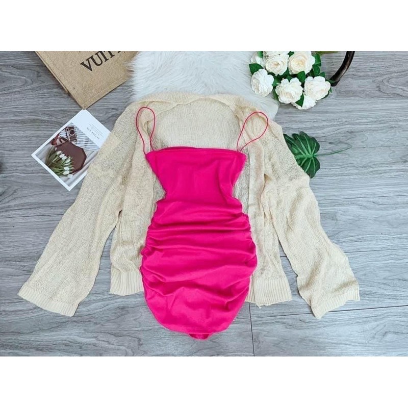 [Mã FAMAYWA2 giảm 10K đơn 50K] Set Đầm Zip Nhún Kèm Khoác Len Mỏng <montoghi> hình thật