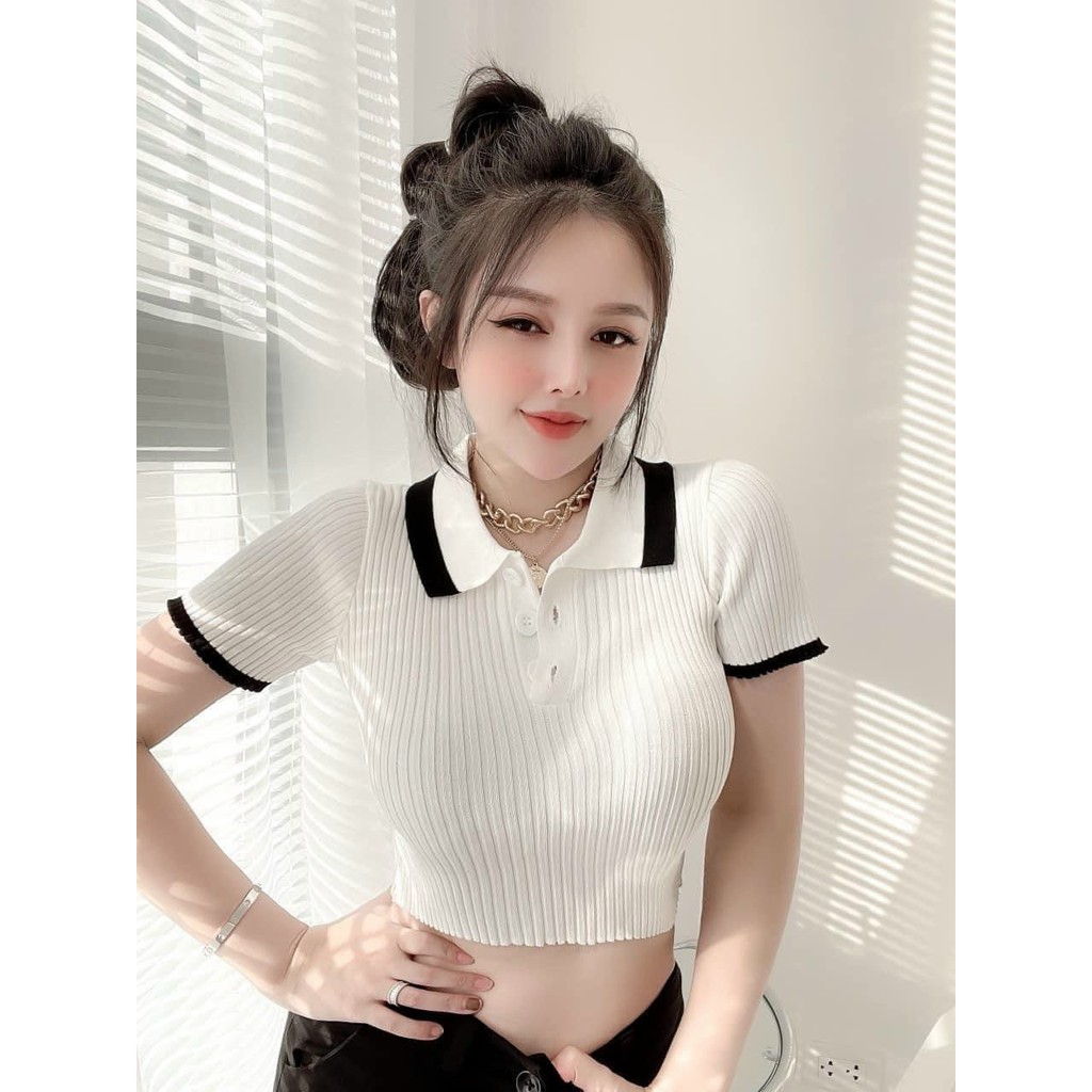 Áo len montoghi mỏng dáng croptop cổ bẻ