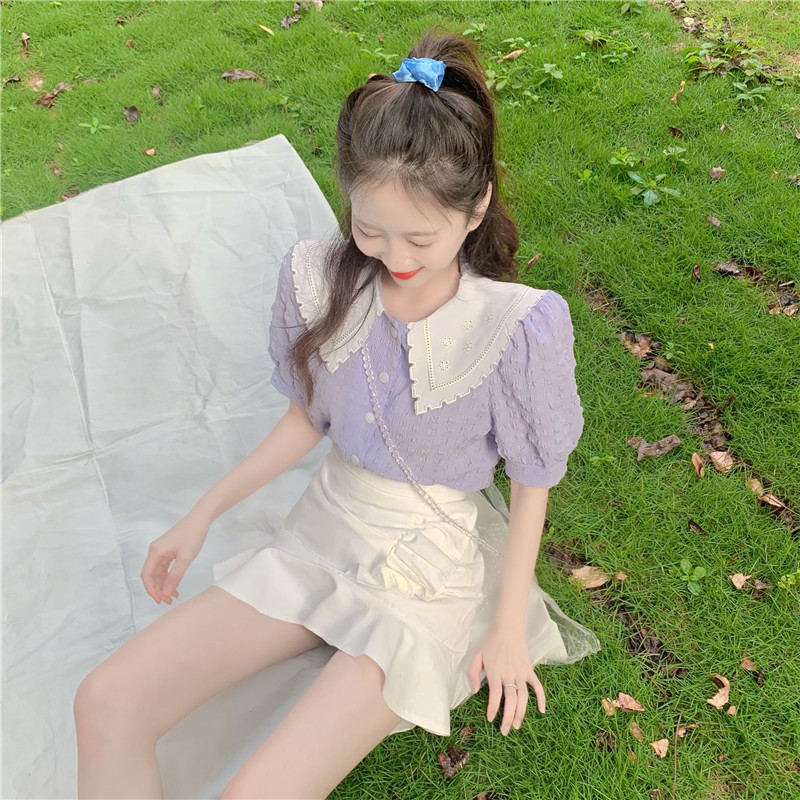 Áo Sơ Mi Cổ Búp Bê Tay Phồng In Họa Tiết Hoa Phong Cách Retro Hợp Thời Trang | BigBuy360 - bigbuy360.vn