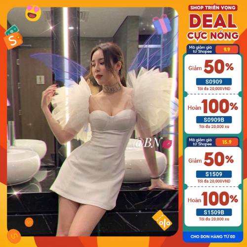 Đầm body nữ tay lưới phồng dự tiệc thiết kế độc lạ gợi cảm