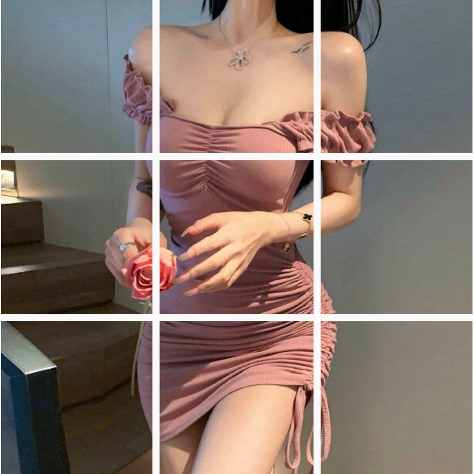 Đầm Body Trơn Rút Dây, Váy Ôm Nhún Thân, Trễ Vai phối tay sexy | BigBuy360 - bigbuy360.vn