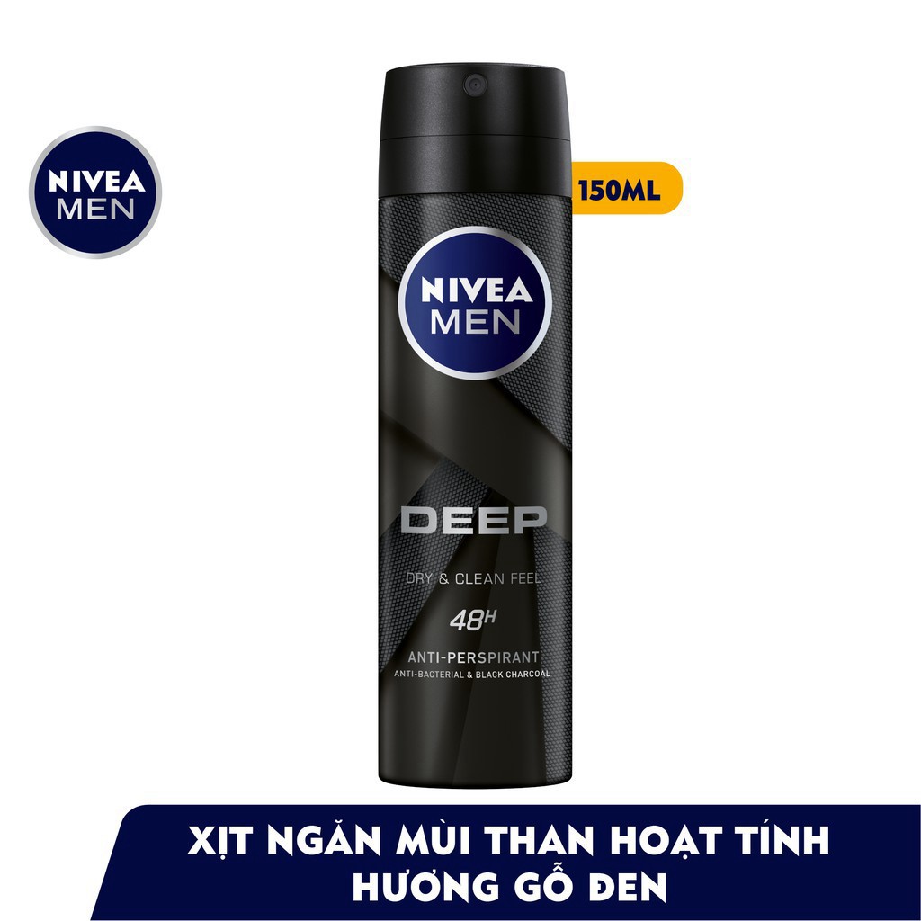 Bộ đôi NIVEA MEN Xịt ngăn mùi Deep than đen hoạt tính (150ml) - 80027 và Lăn ngăn mùi Deep than đen hoạt tính (50ml)