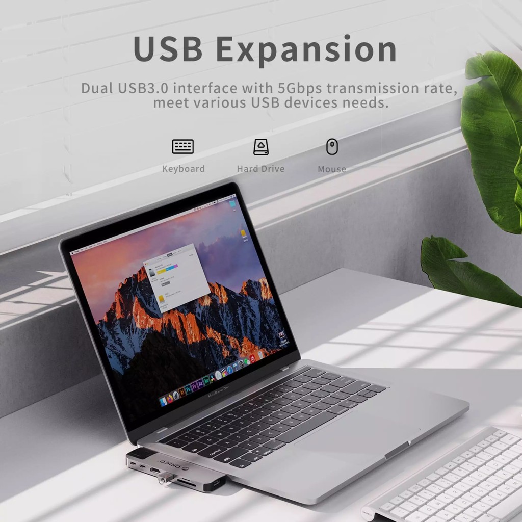 Bộ Hub chuyển đổi chia cổng 8 trong 1 Orico USB type C kép sang HDMI USB 3.0 Gigabit RJ45 dành cho Macbook Pro