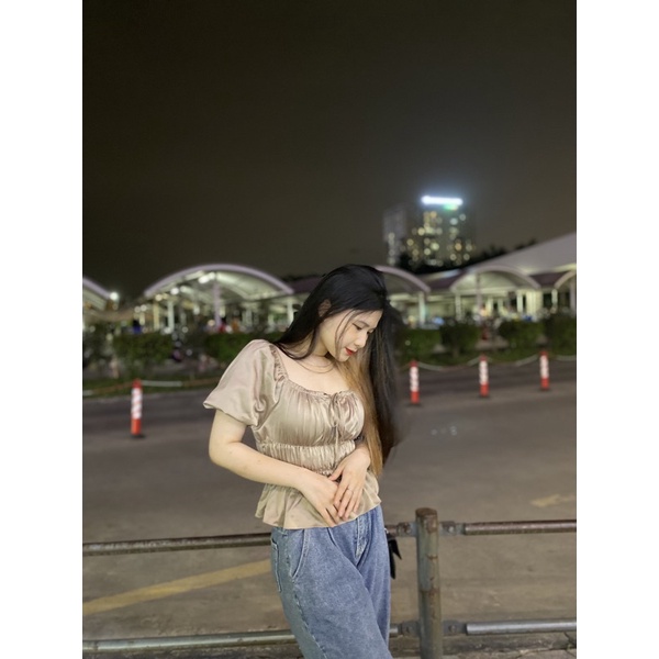 LANIE_Áo cổ vuông buộc nơ lụa mờ bo chun TIANA TOP | BigBuy360 - bigbuy360.vn