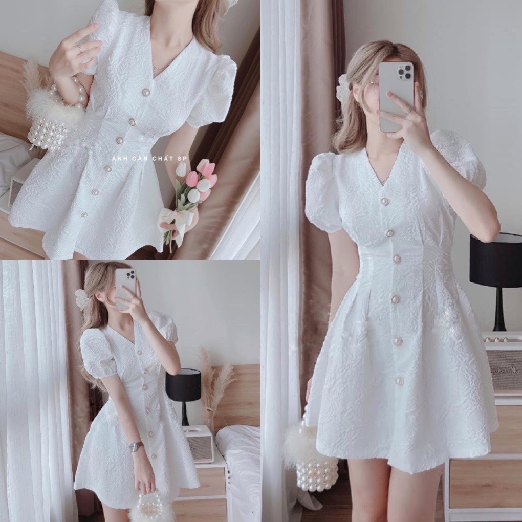 Đầm nữ cổ chữ V họa tiết dập nổi thanh lịch nữ tính, Váy GẤM hở lưng hoạ tiết nổi tay bồng khuy ngọc chất xốp dáng xòe