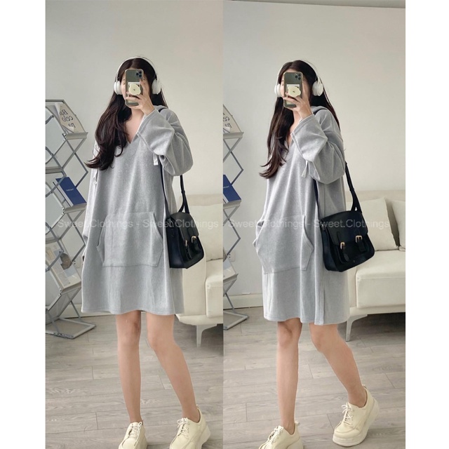 Váy HOODIE nữ trơn chất nỉ tăm mềm mịn dáng suông FREESIZE 3 màu hot hit SWEET.CLOTHINGS