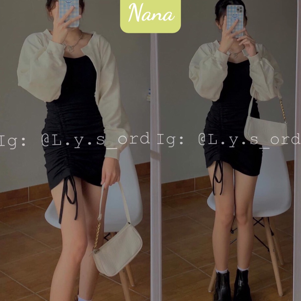Set váy 2 dây rút đùi sexy kèm áo khoác nhẹ cardigan trắng tay bồng ulzzang_Nanashop