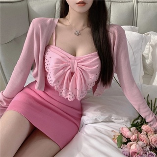 Áo croptop nơ+chân váy lưng cao Ulzzang