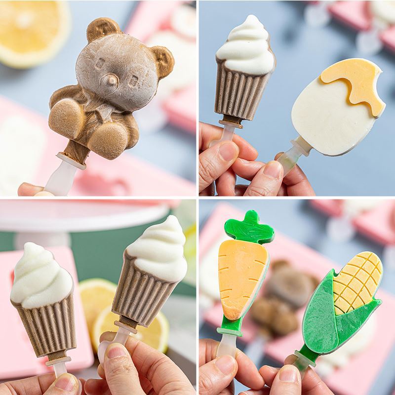 Khuôn làm kem que có nắp, khuôn kem silicon hình thú cute dễ thương cho bé tại nhà