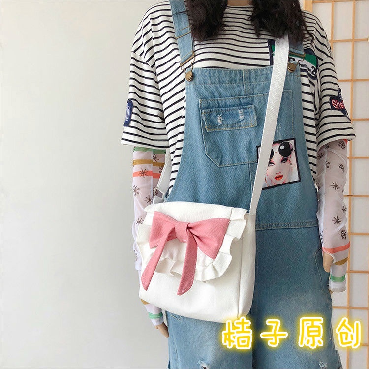Túi vải canvas đính nơ đơn giản ngọt ngào phong cách lolita Nhật bản