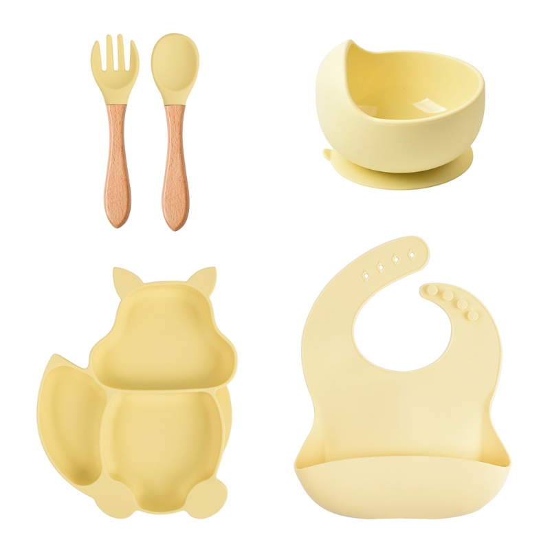 Bộ 5 Món Tô Muỗng Nĩa Tập Ăn Chia Ngăn Bằng Silicone Dành Cho Trẻ Em