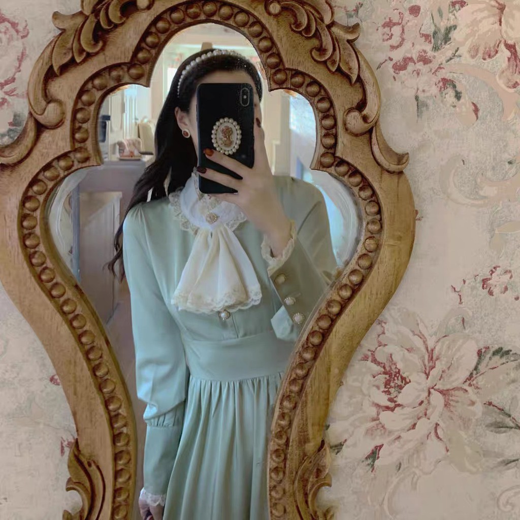 VÁY VINTAGE CỔ NƠ REN CÚC NGỌC,váy xoè nơ cổ,dáng chữ A | BigBuy360 - bigbuy360.vn