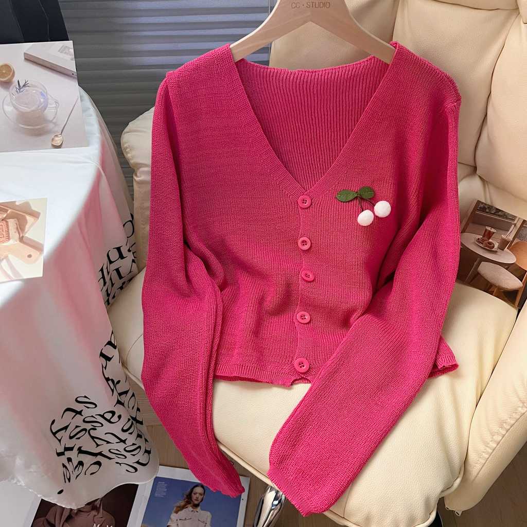 Áo Khoác cardigan Dệt Kim Cổ Chữ V Cao Cấp In Họa Tiết Hoa Anh Đào Phong Cách Ngọt Ngào Cho Nữ