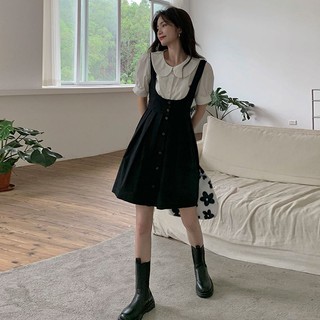 Set đầm váy yếm đen và sơ mi tay phồng trắng vintage siêu xinh
