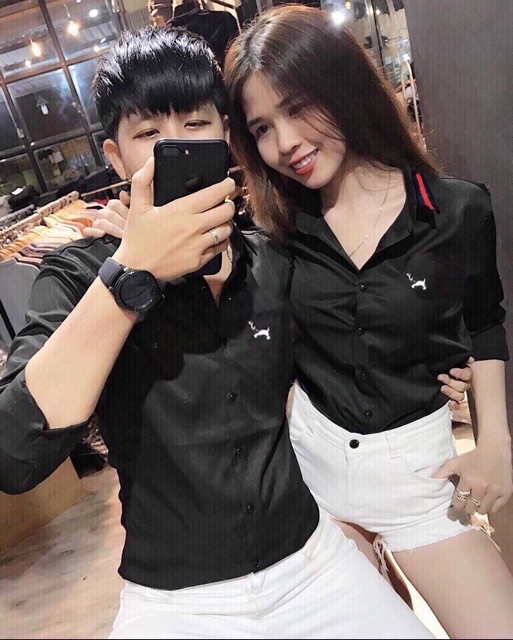 Áo sơ mi cặp thời trang họa tiết cổ màu hình thú