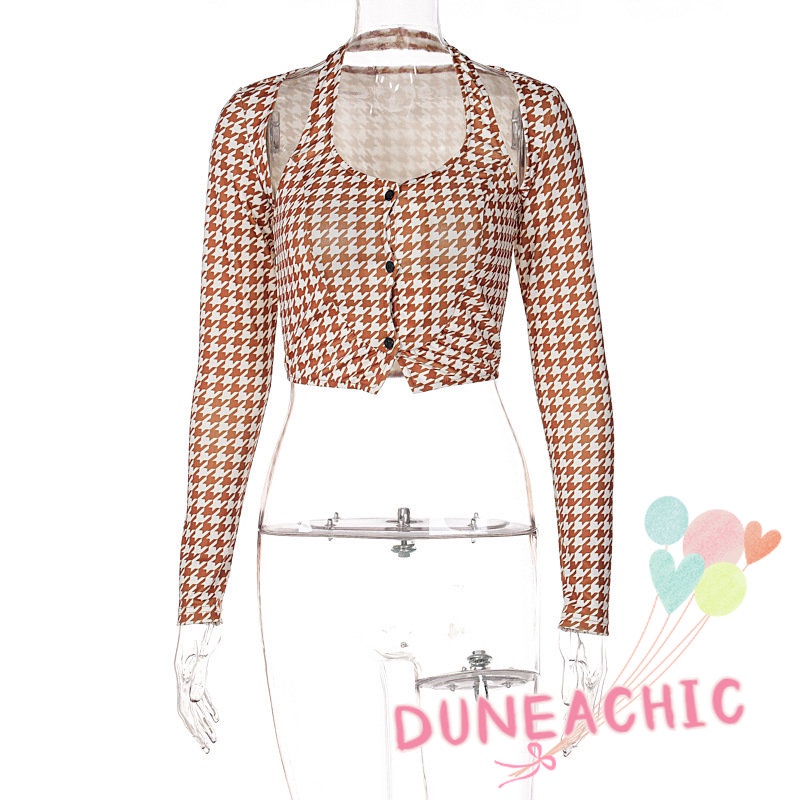 Áo Croptop Dài Tay Họa Tiết Ca Rô Ca Rô Thời Trang Dành Cho Nữ