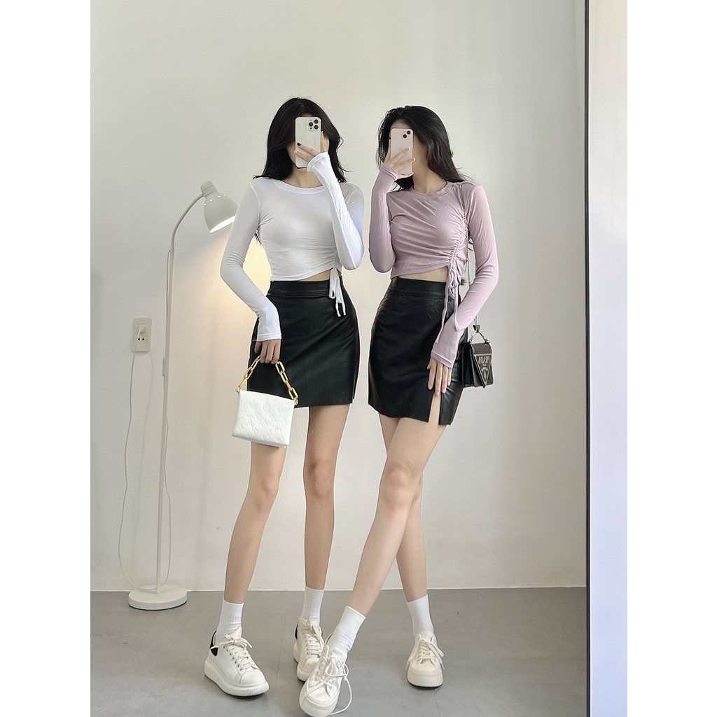 Áo croptop nữ tay dài HHVINTAGE kiểu rút hông thun co giãn Top A86