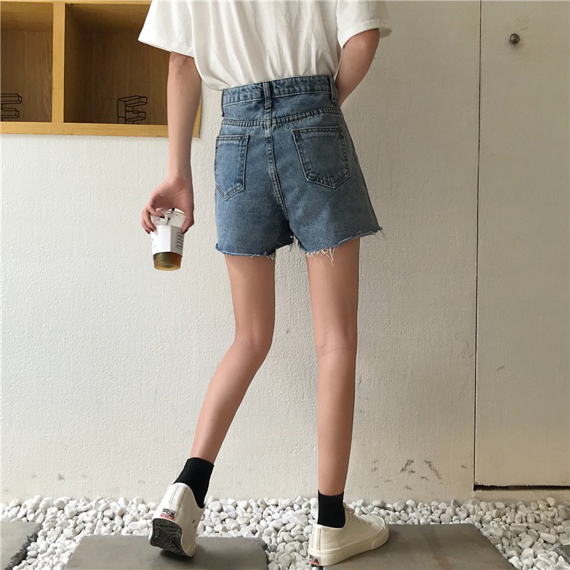 Quần short denim ống rộng lưng cao theo phong cách Hàn Quốc Xiaozhainv