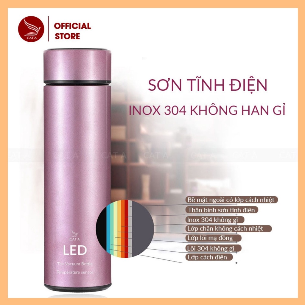 Bình giữ nhiệt led cao cấp CÁT Á 500ML CÓ ĐÈN LED HIỂN THỊ NHIỆT ĐỘ - Sang trọng, tiện lợi, giữ nhiệt 12 giờ