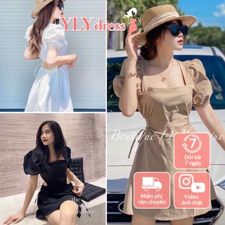 Váy thô khoét eo tay bồng cổ vuông đen trắng nâu freesize sexy hàn quốc váy đầm nữ YLY C433