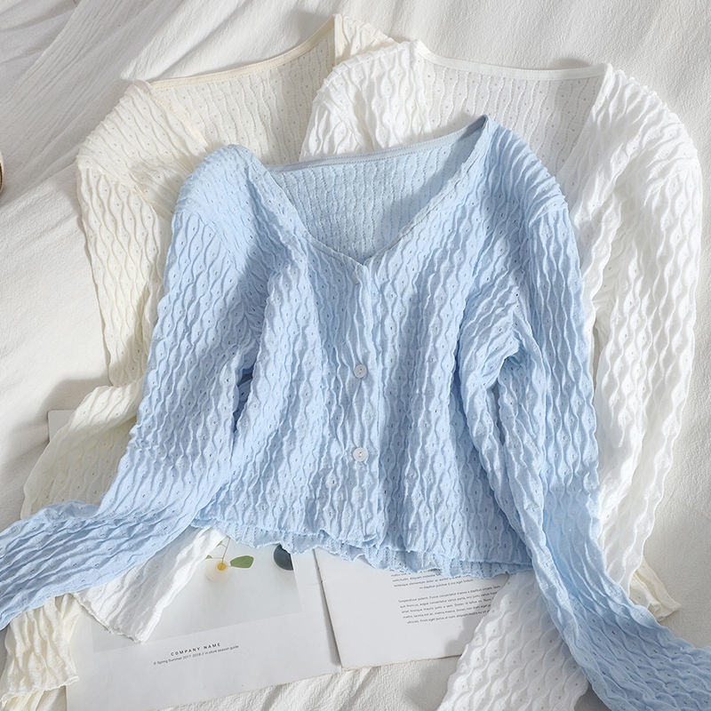 Áo Cardigan Ngắn Cổ Chữ V Thoáng Khí Thoải Mái Gấp Gọn Viền Lượn Sóng Phong Cách Hàn Quốc Edge