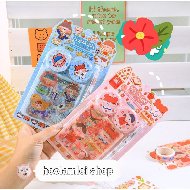 Vỉ sticker có bút dao cắt loại tốt, 2 cuộn washitape, 8 tờ sticker (tổng 11 món), mã ZJL-XKL