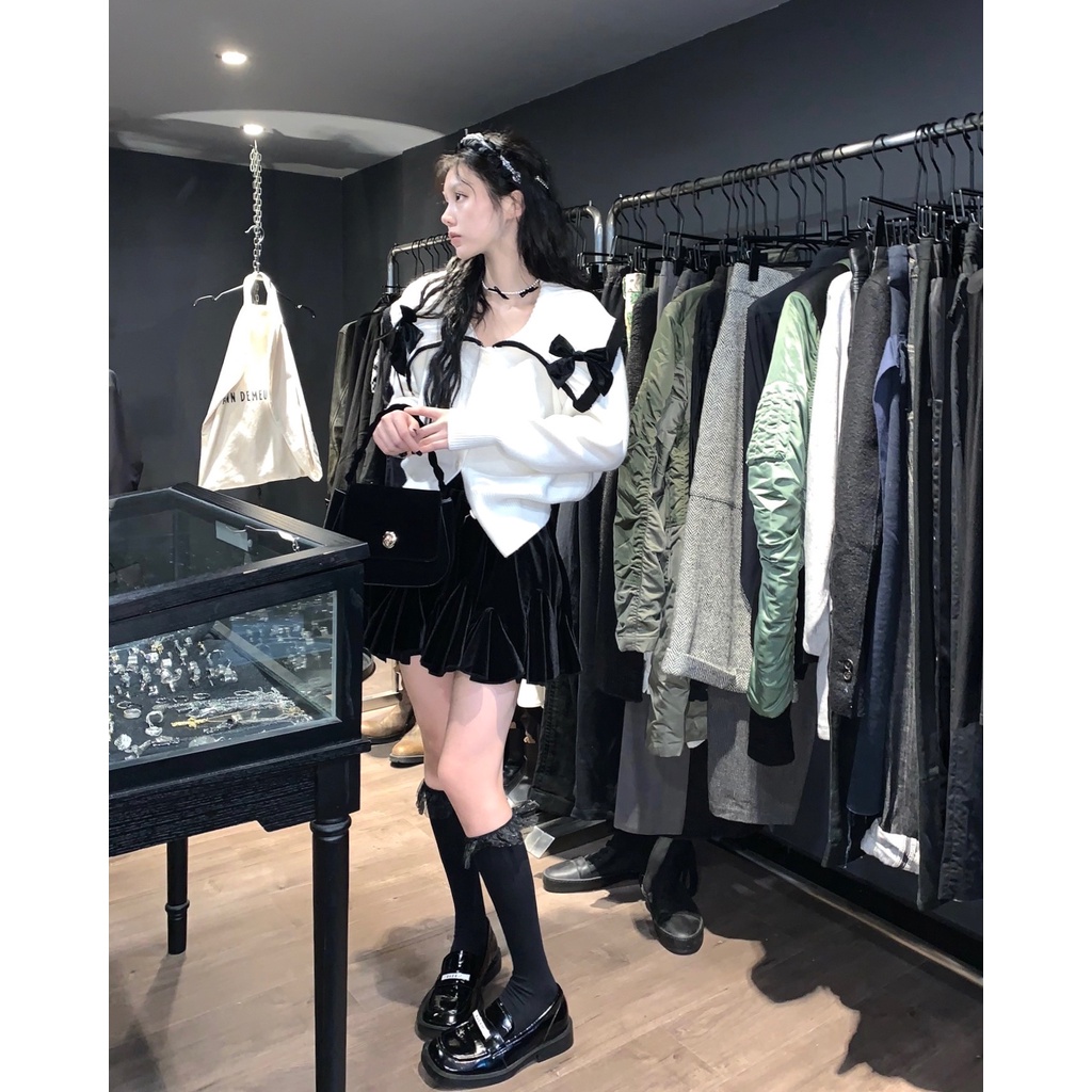 Áo Sweater Dệt Kim Dày Dặn + Chân Váy Bồng Bềnh Phong Cách Retro Phương Tây