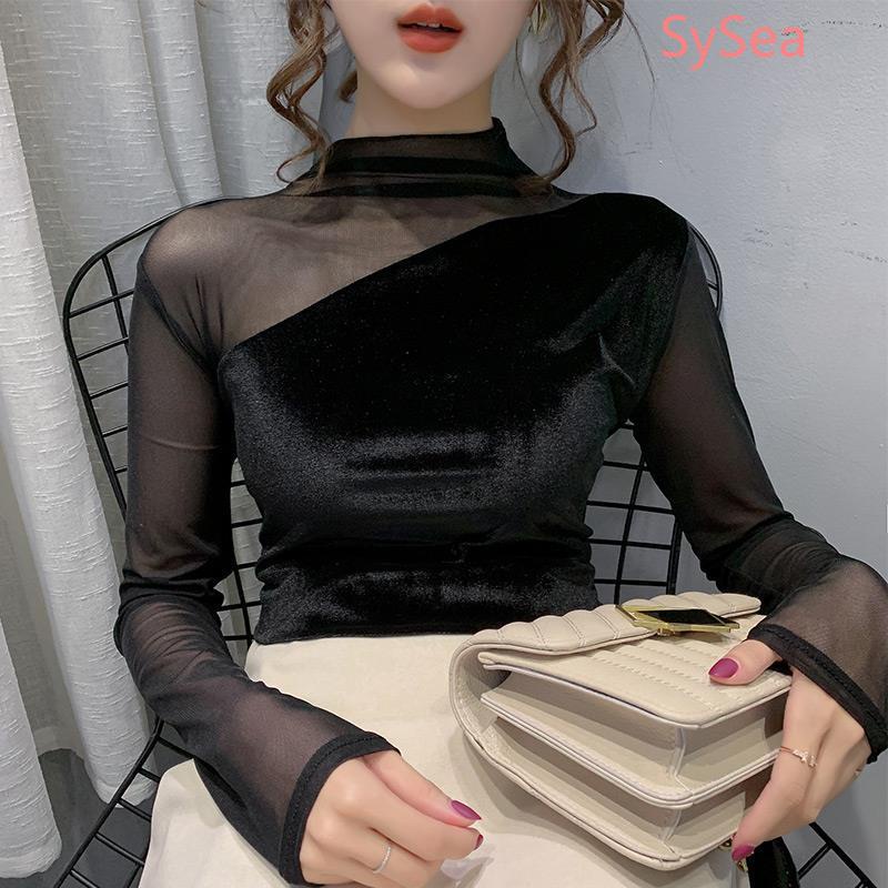 Áo Nhung Tay Dài Cổ Cao Phối Lưới Thời Trang Mùa Thu Dành Cho Nữ