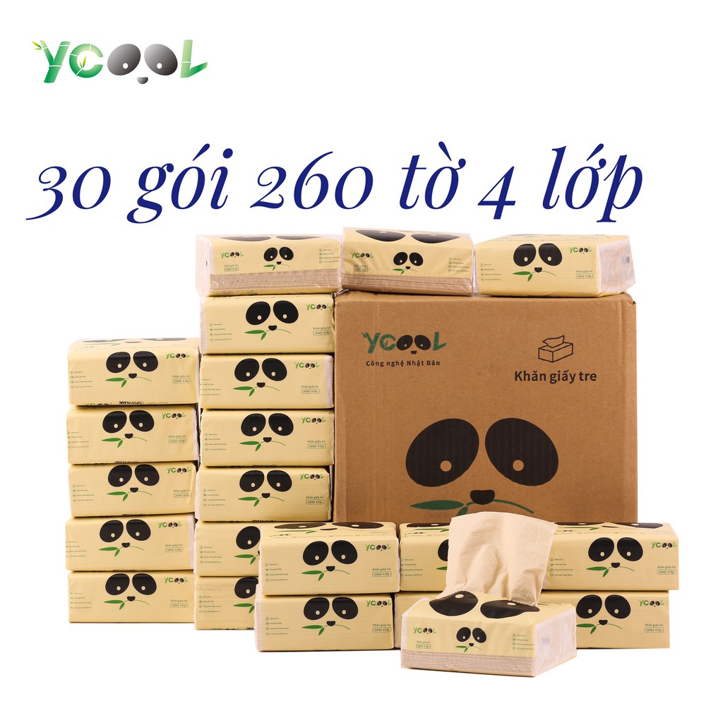 Giấy ăn giấy gấu trúc khăn giấy tre YCOOL 1 thùng 30 gói, 4 lớp/ 260 tờ