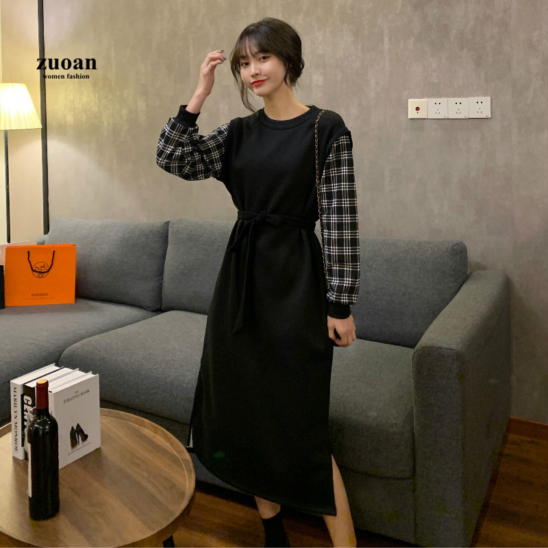 SUXI Đầm Midi Tay Dài Thiết Kế Xẻ Quyến Rũ Phối Caro