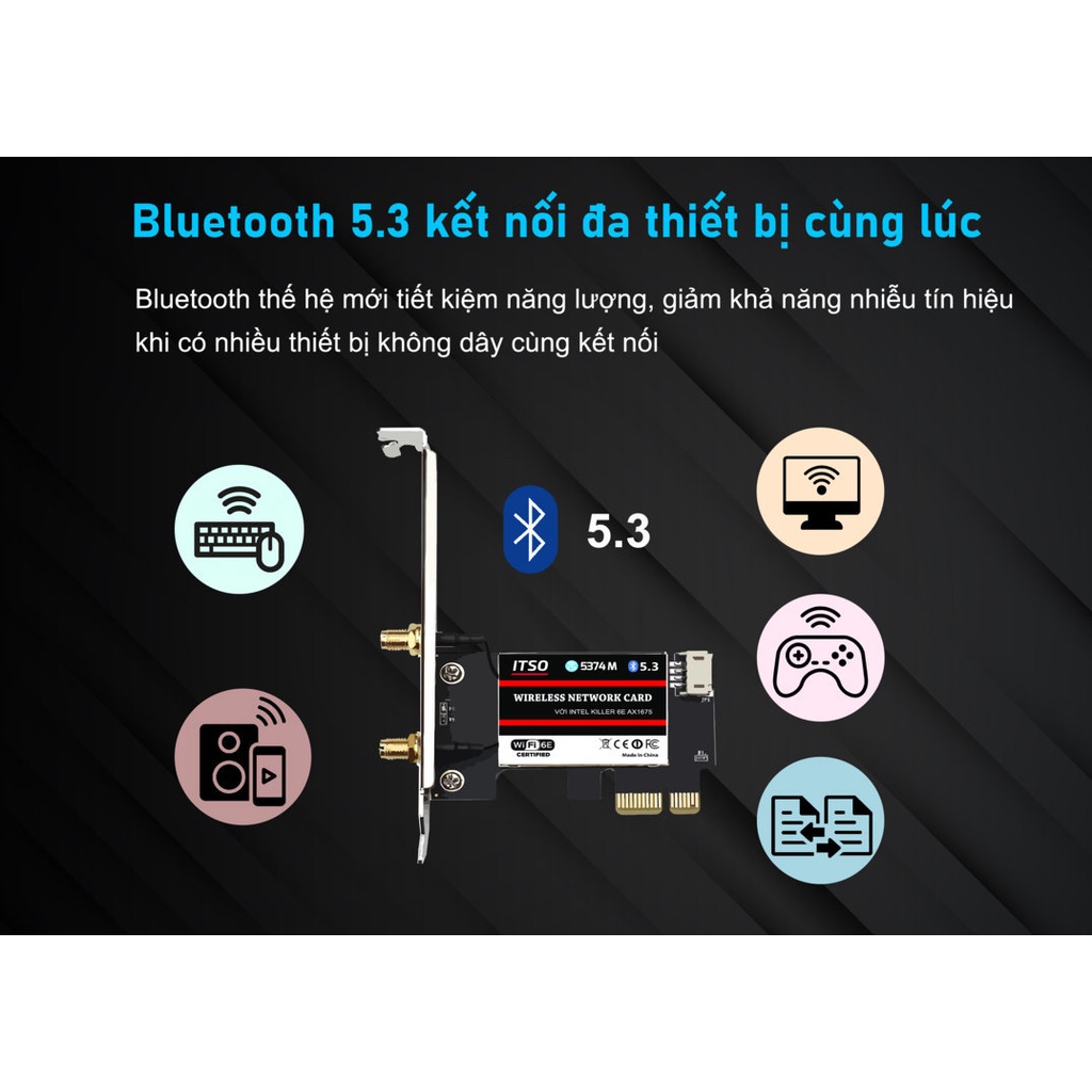 Card WIFI 6E dùng chip Intel Killer AX1675 chuyên game khe cắm PCI dùng cho máy bàn