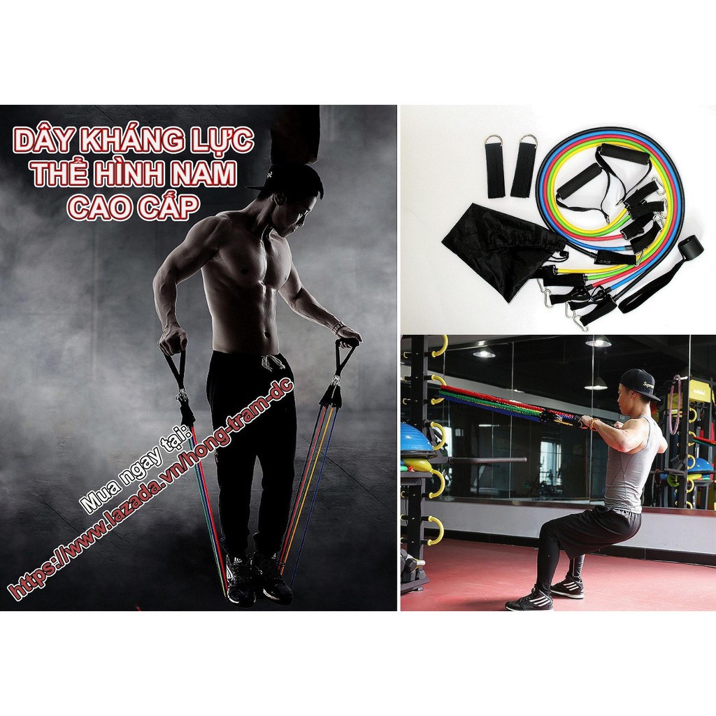 Bộ dây cao su đần hồi kháng lực ngũ sắc 11 món tập gym tiện ích