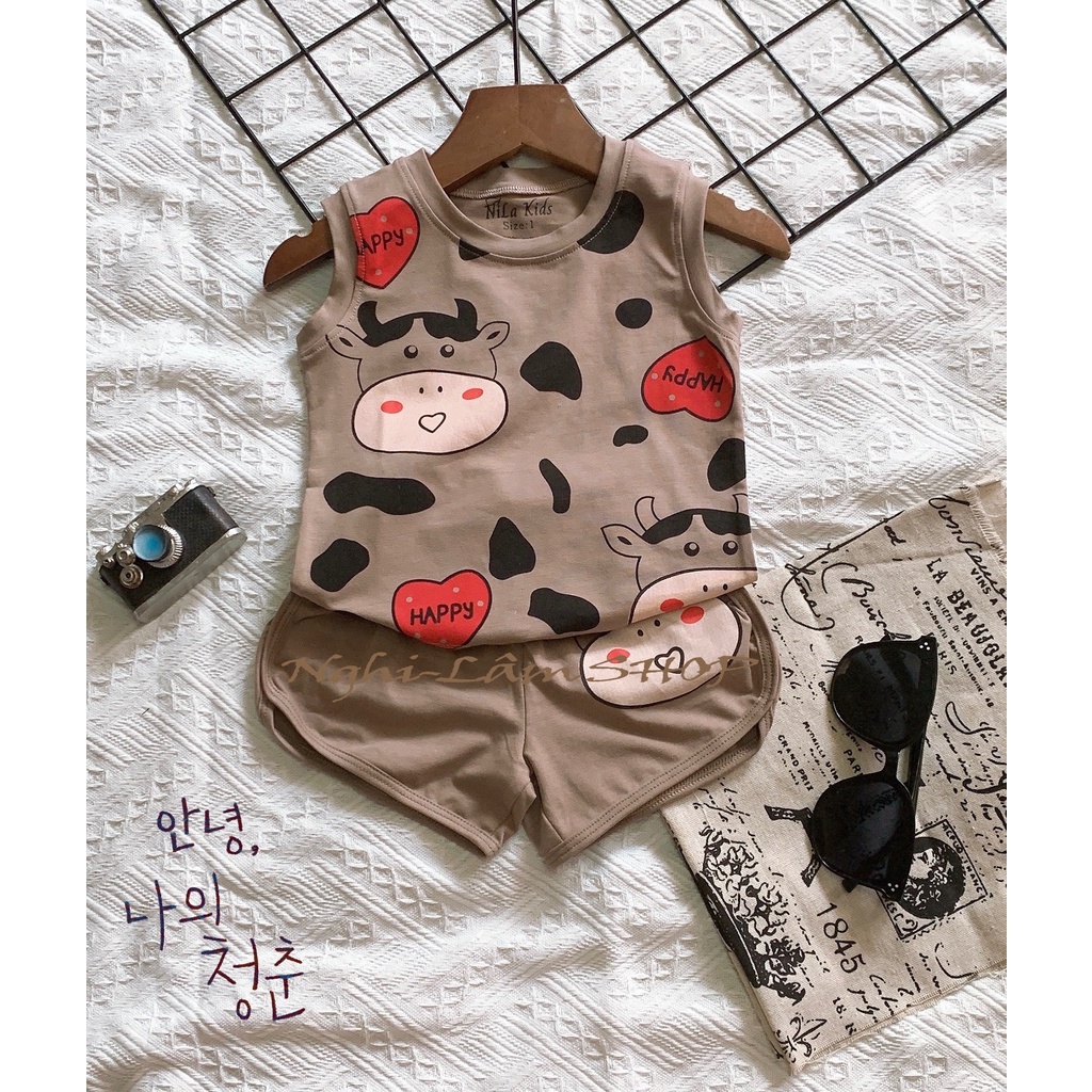 Đồ bộ bé trai sát nách in hình bò sữa chất liệu thun cotton 100% co giản 4 chiều cho bé từ 8-23kg