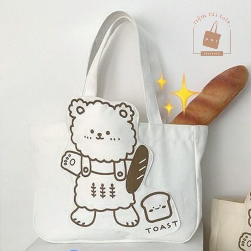 Túi Tote Vải Canvas in hình Gấu và Bánh Mì xinh xắn màu trắng kem