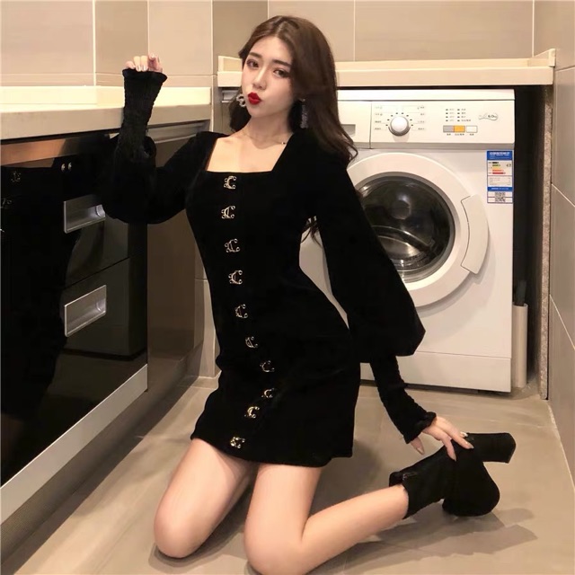 Đầm cổ vuông tay phồng korea