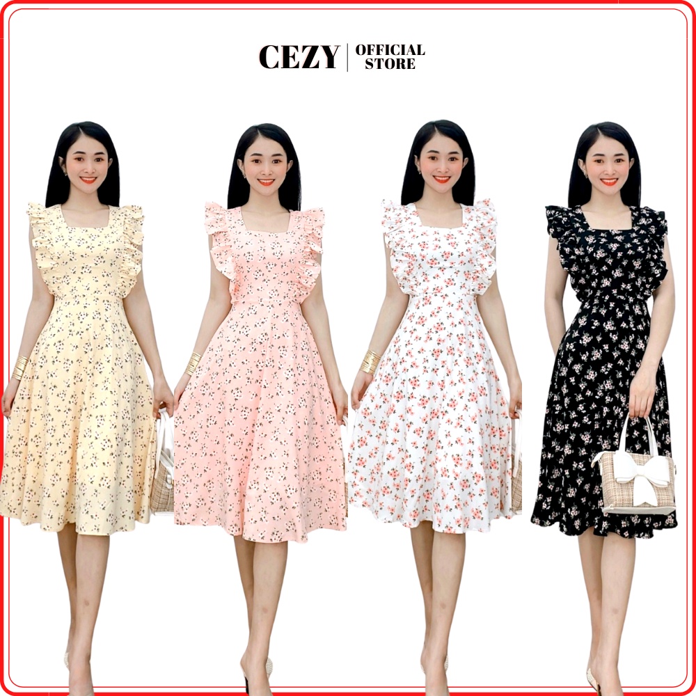 Đầm cổ vuông hoa nhí tay bèo xòe dây thắt nơ eo có size bigsize CEZY D97
