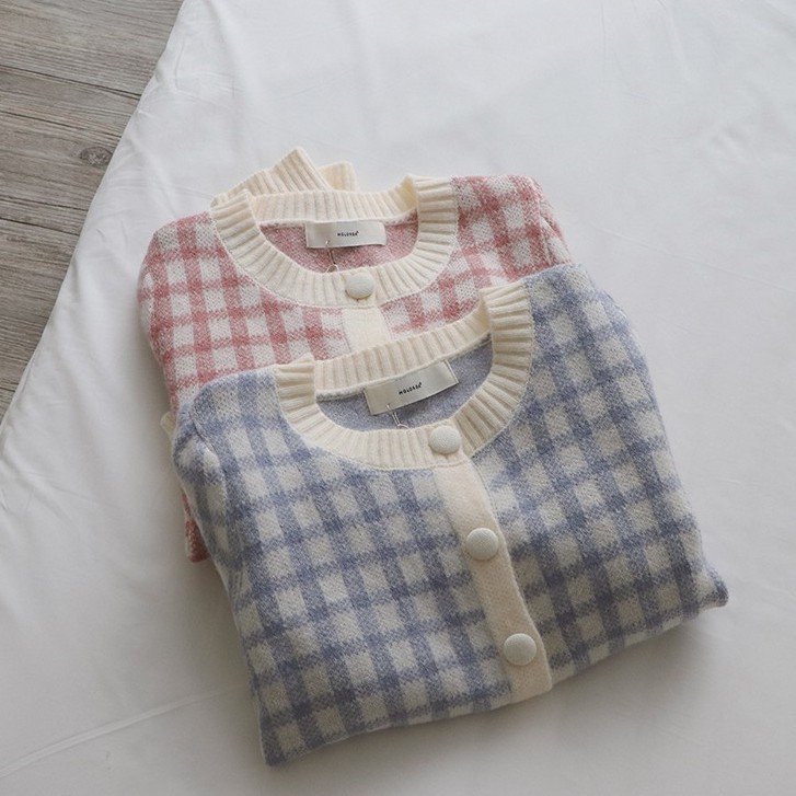 Áo Khoác Len Dệt Kim Họa Tiết Kẻ Ô Thời Trang Dành Cho Nữ