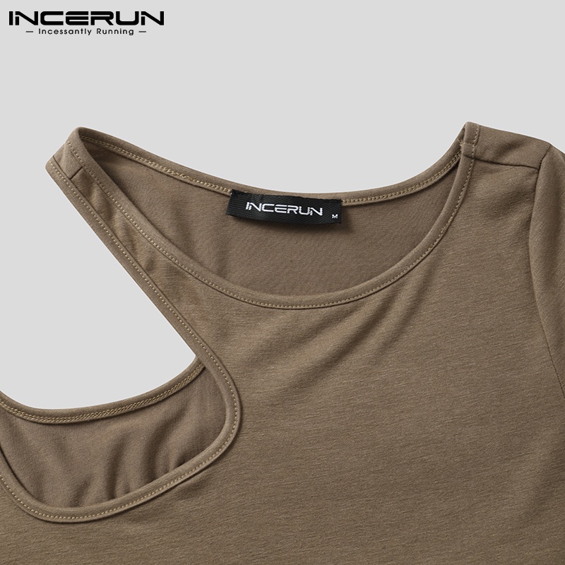 Áo kiểu INCERUN dành cho nam thiết kế tay ngắn cắt lỗ trơn màu thời trang