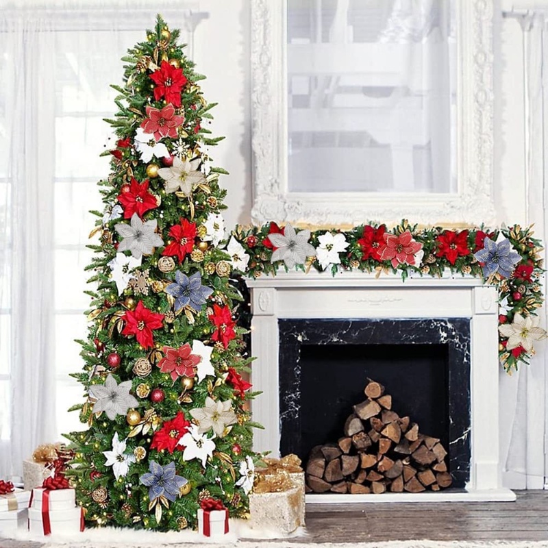 Bộ 5 Bông Hoa Nhân Tạo 3 Lớp Dùng Trang Trí Cây Thông Giáng Sinh Năm Mới