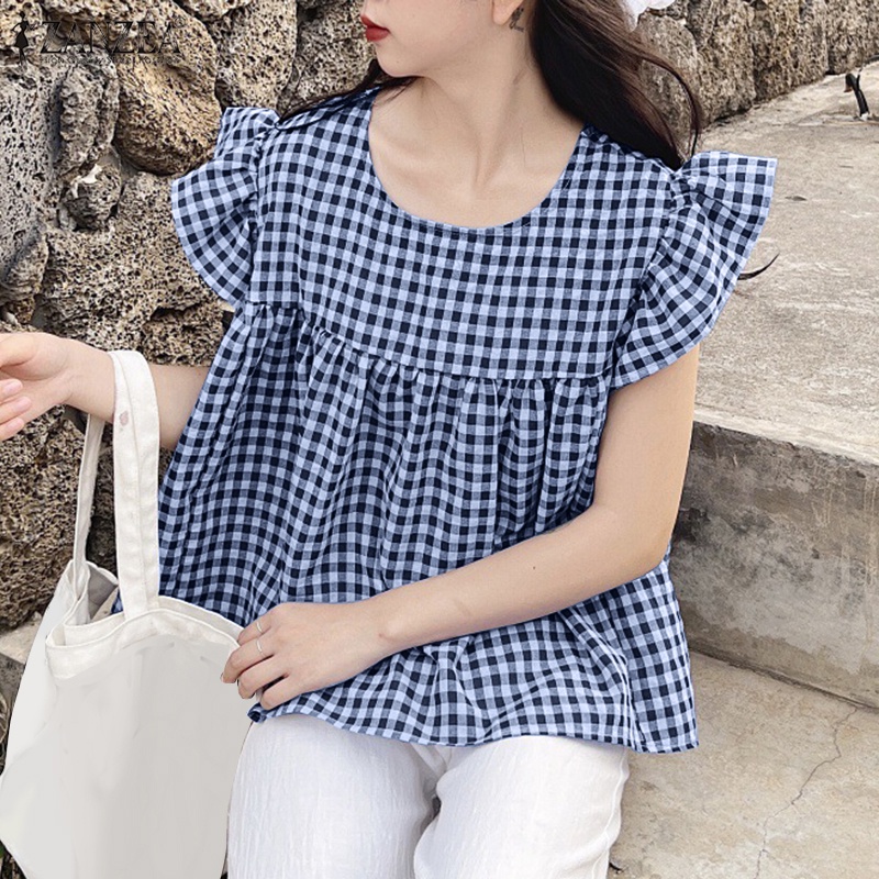 Áo kiểu ZANZEA tay ngắn xếp nếp cổ tròn họa tiết sọc ca rô phong cách Hàn Quốc thời trang dành cho nữ