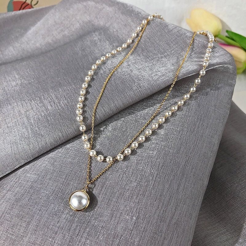 Dây Chuyền Hai Lớp Đính Ngọc Trai Nhân Tạo Đơn Giản Phong Cách Hàn Quốc
