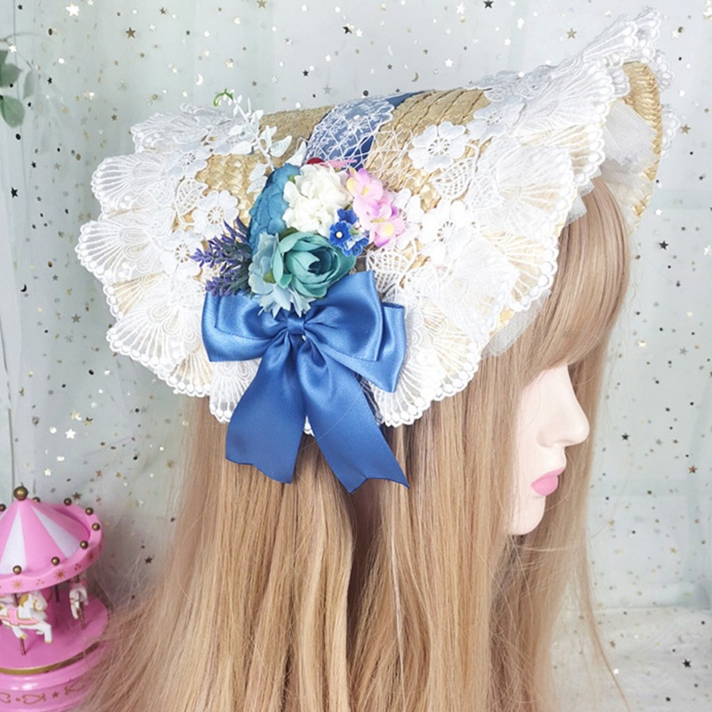 Mũ Cói Phối Ren Và Ruy Băng Nơ Phong Cách Lolita Ngọt Ngào