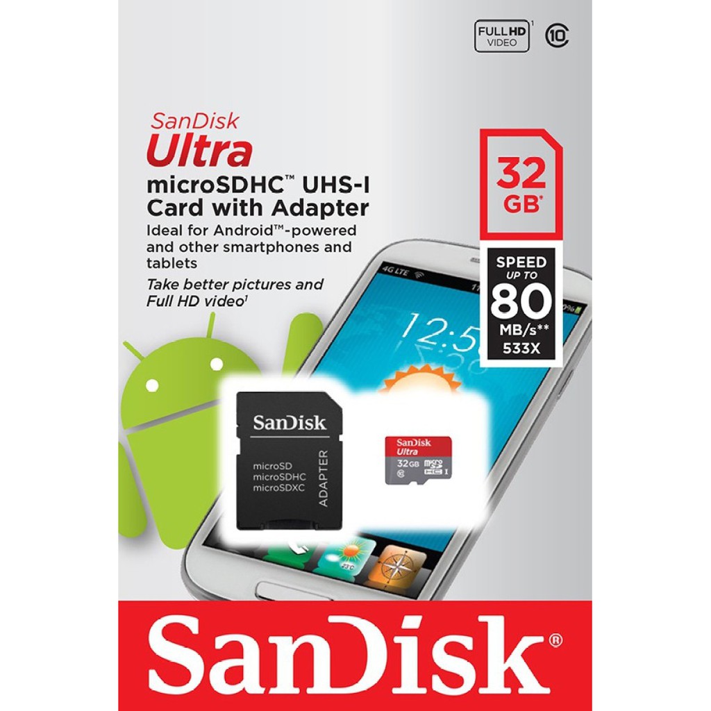 Thẻ nhớ Micro SD SANDISK Ultra II 32GB Class 10 - 80MB/s (không Adapter)