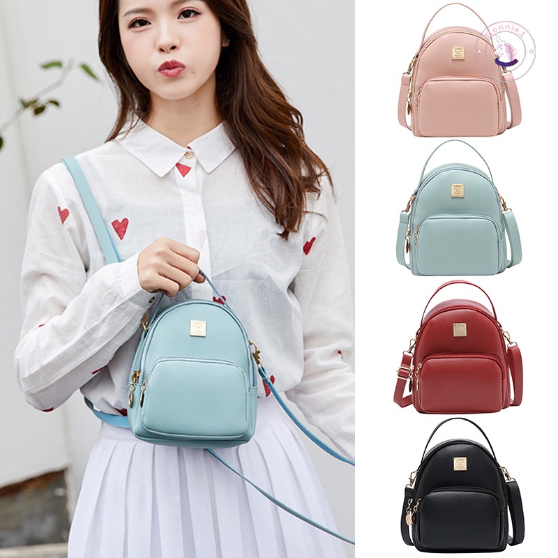 Balo da PU mềm mini màu kẹo có khóa kéo với dây đeo dài cho nữ
