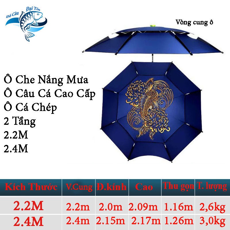 Ô Câu Cá Ô Dù Che Nắng Mưa 2 Tầng Cá KOI - Biển Xanh Dòng Cao Cấp Sang Trọng Có Size 2M và 2.6M - Đồ Câu Đại Tín