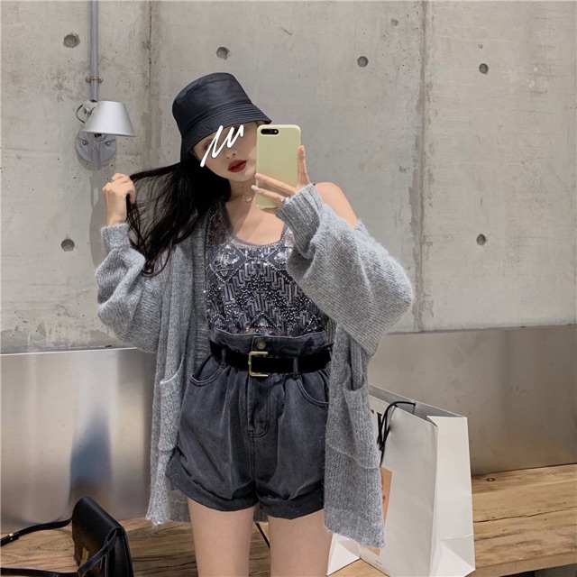 🖤 Áo cardigan xám lông chuột - Quần sooc kèm đai 🖤  (+2% phí shopee thu )